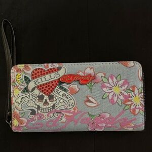 Ed Hardy Light Blue Floral Skull Wristlet